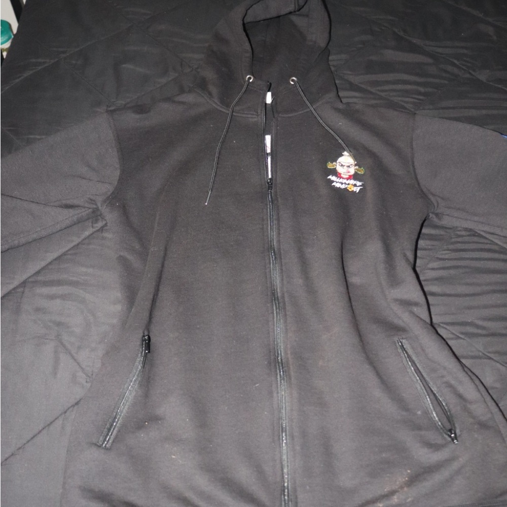 Black Zip-Up Hoodie with Embroidered Design